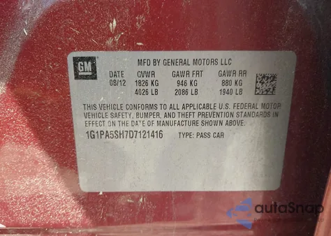 2013 Chevrolet Cruze Ls Auto from USA, damaged, VIN 1G1PA5SH7D7121416